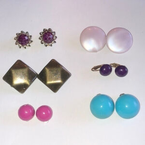 6 Pairs Vintage Clip On Earrings Round Dome Shape Pink Blue Bronze Purple